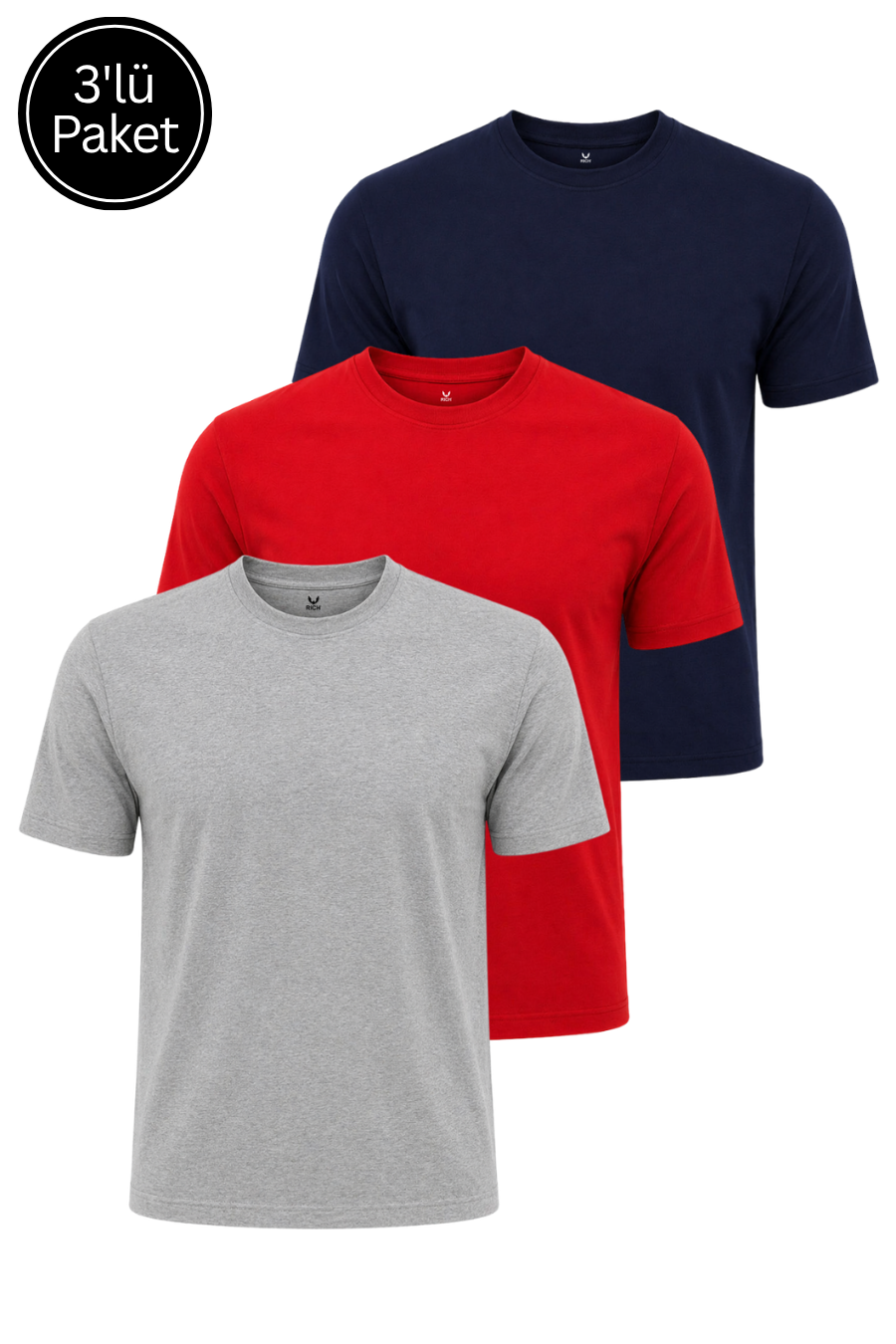 Erkek 3'Lü Grimelanj-Kırmızı-Lacivert Paket %100 Pamuk Slim Fit Sporcu Tişört Basic Bisiklet Yaka Kısa Kollu T-Shirt
