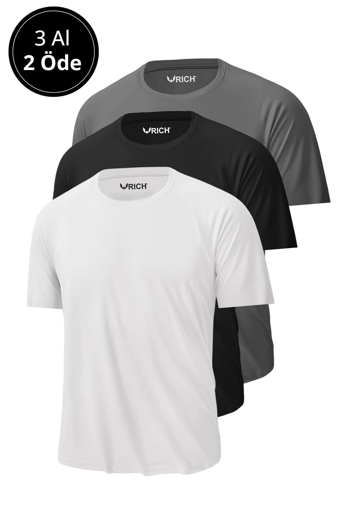 Erkek 3Lü Siyah-Beyaz-Antrasit Paket %100 Pamuk Slim Fit Sporcu Tişört Basic Bisiklet Yaka Kısa Kollu T-Shirt