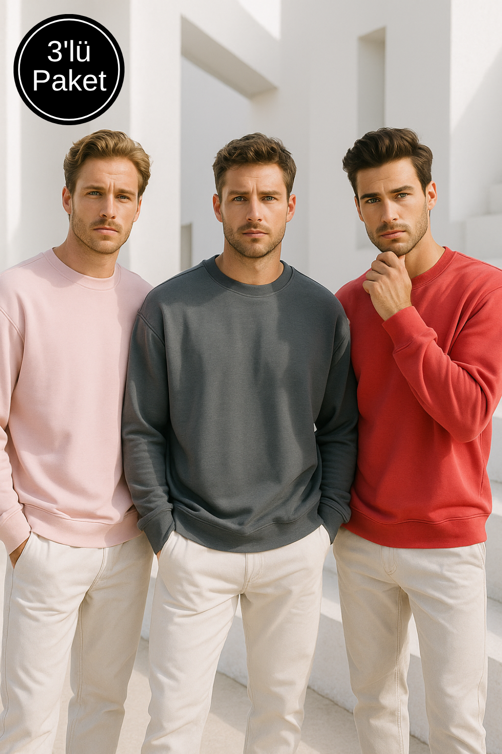 Erkek 3'lü Paket Antrasit- Pudra- Nar Çiçeği Bisiklet Yaka Scuba Sweatshirt