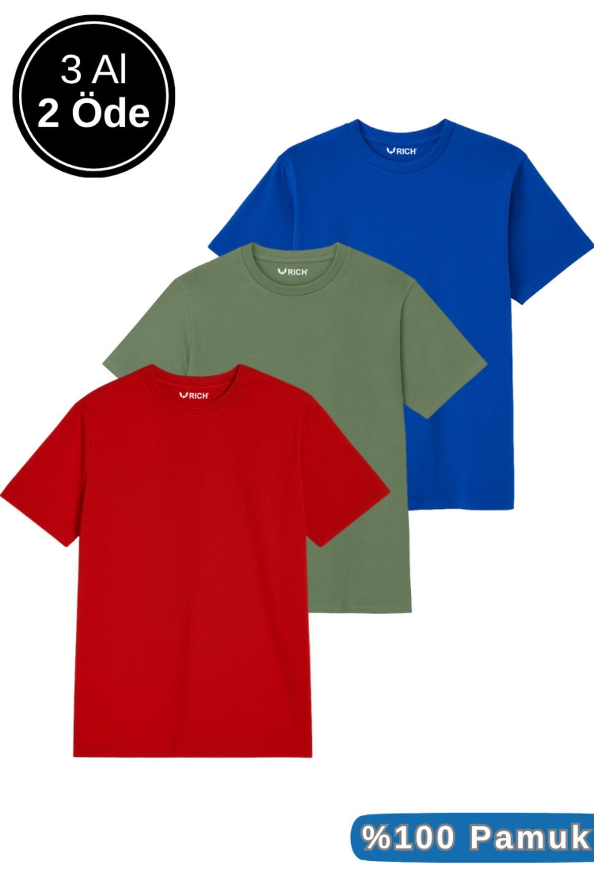 Erkek 3lü Paket Kırmızı-Mavi-Koyu Yeşil Pamuklu Oversize Tişört Bisiklet Yaka Kısa Kollu T-Shirt