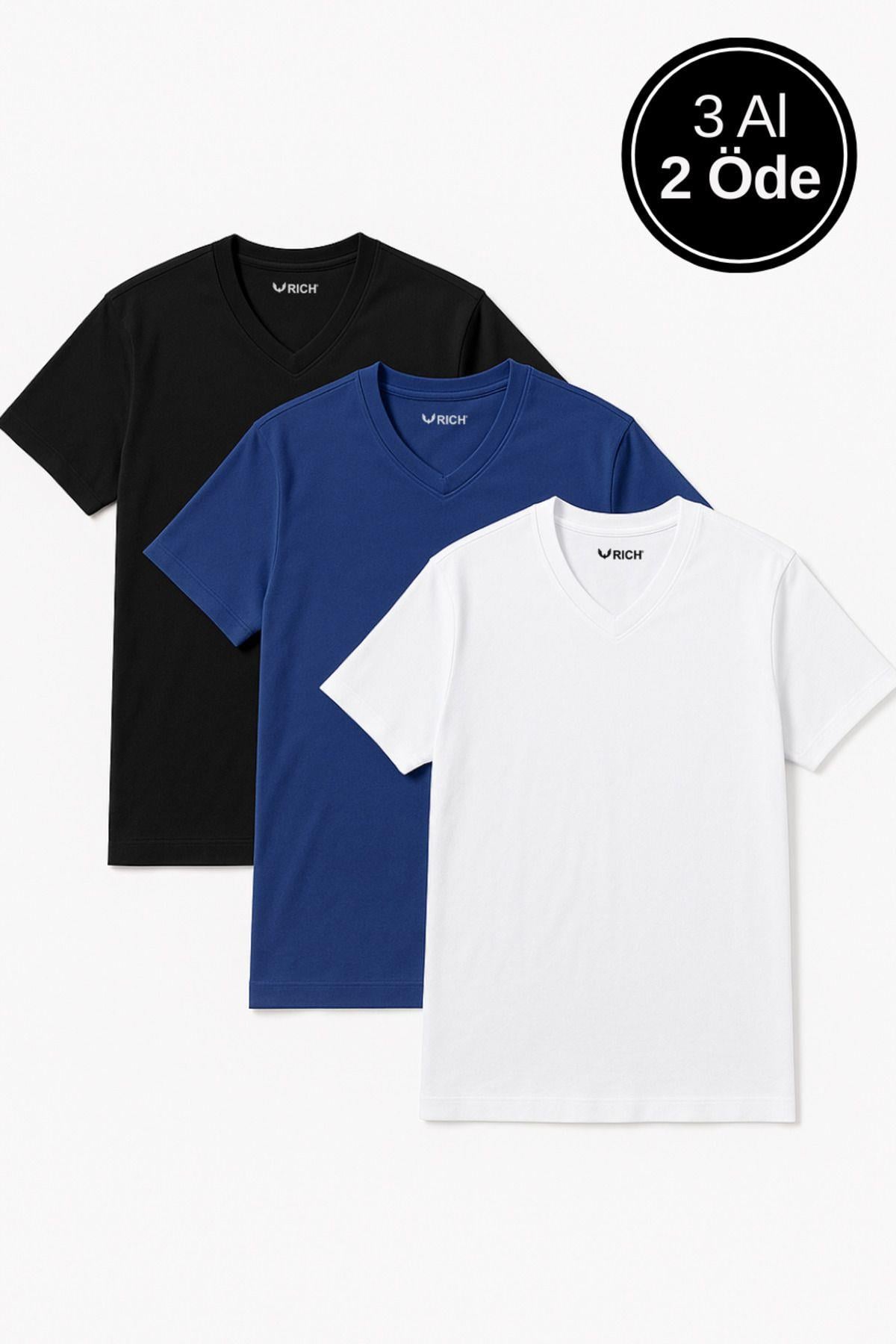 Erkek 3lü Paket Kısa Kollu %100 Pamuk V Yaka T-shirt