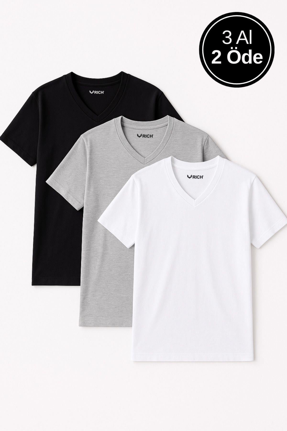Erkek 3lü Paket Kısa Kollu V Yaka T-shirt