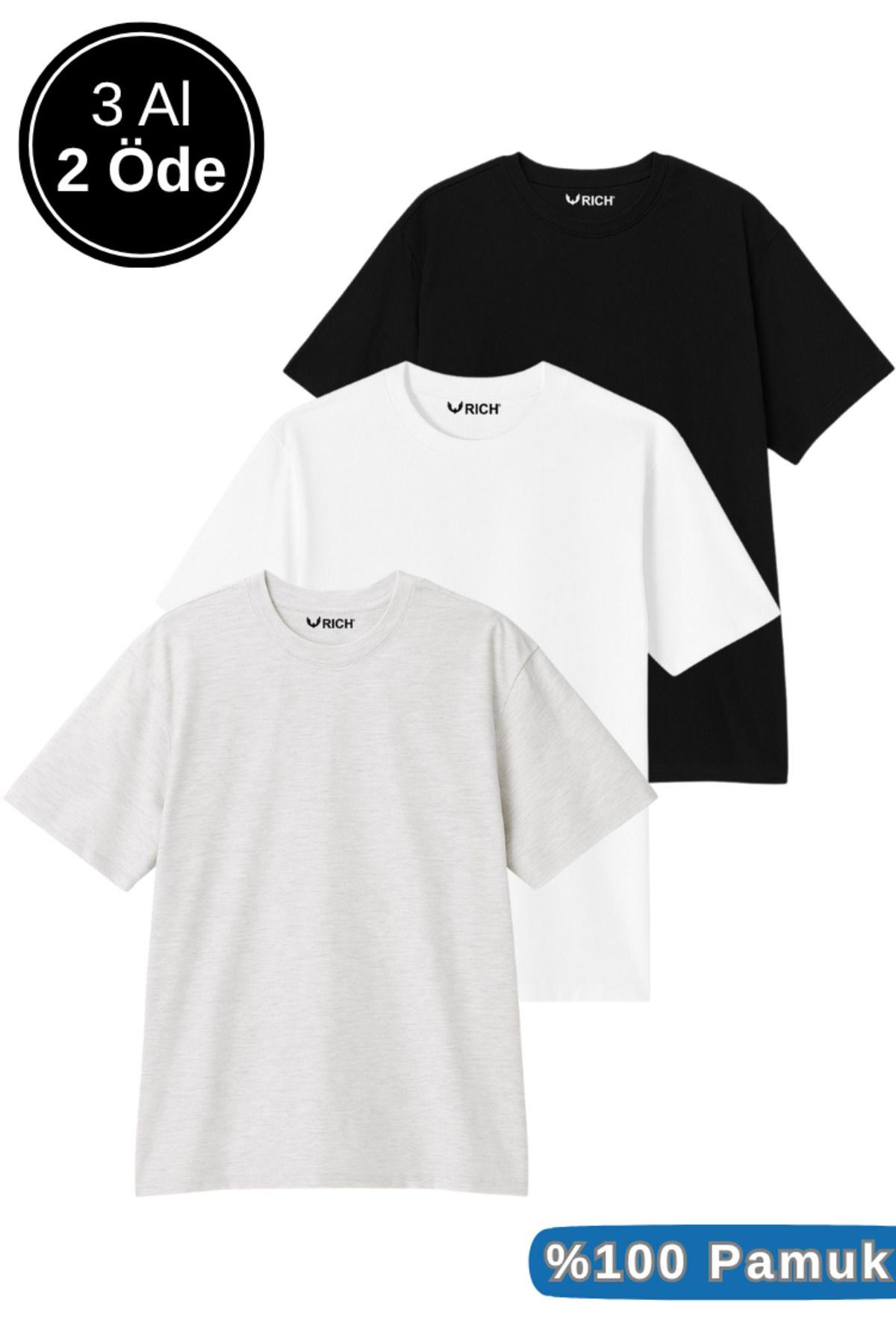 Erkek Siyah-Beyaz-Grimelanj 3lü Paket Siyah-Beyaz-Gri Melanj Pamuklu Oversize Tişört Bisiklet Yaka Kısa Kollu T-Shirt