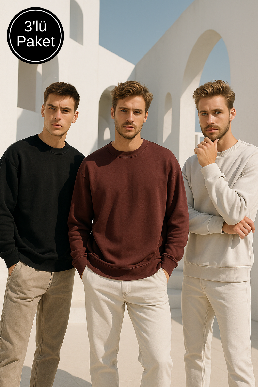 Erkek 3'lü Paket Siyah - Kahverengi - Krem Bisiklet Yaka Scuba Sweatshirt