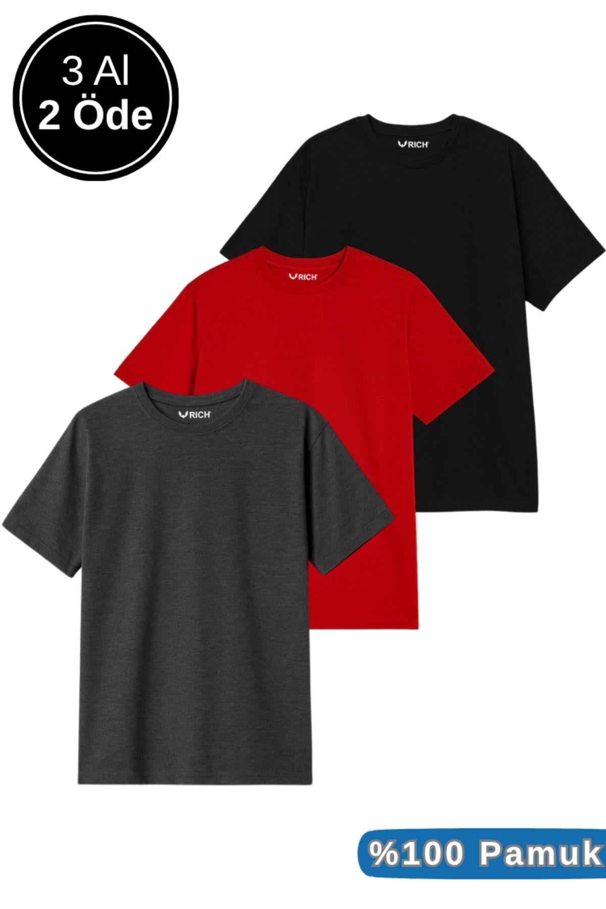 Erkek 3lü Paket Siyah-Kırmızı-Antrasit Pamuklu Oversize Tişört Bisiklet Yaka Kısa Kollu T-Shirt
