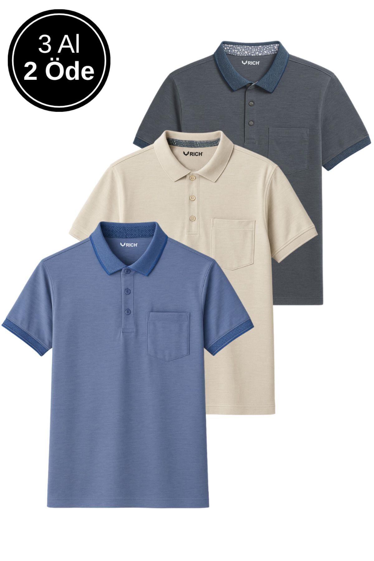 Erkek 3'Lü Paket Slim Fit Tişört Dar Kesim Nefes Alan Kumaş Polo Yaka T-Shirt