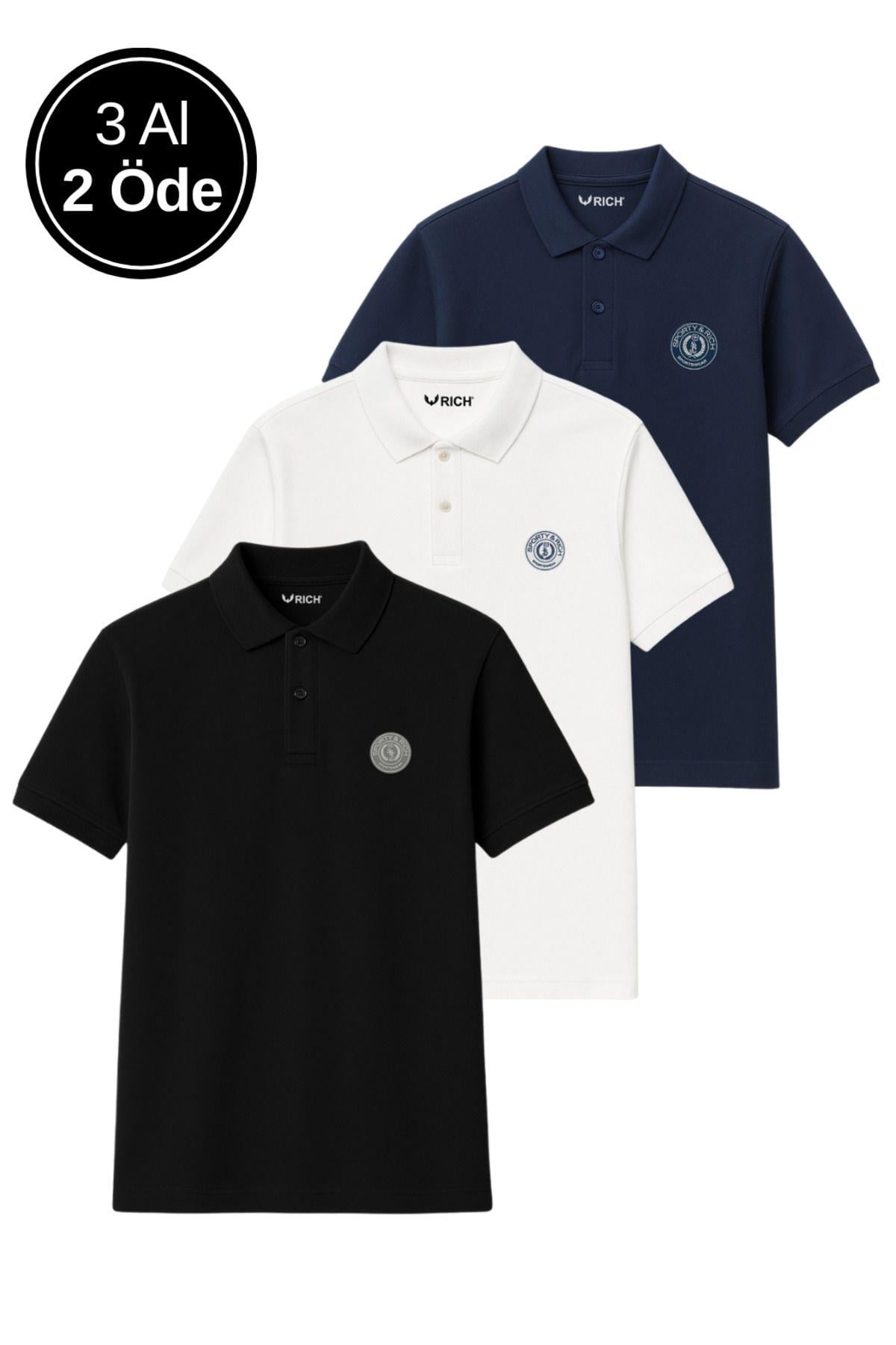 Erkek 3'lü Paket Tişört Rahat Kesim %100 Pamuklu Polo Yaka T-Shirt Siyah-Lacivert-Beyaz