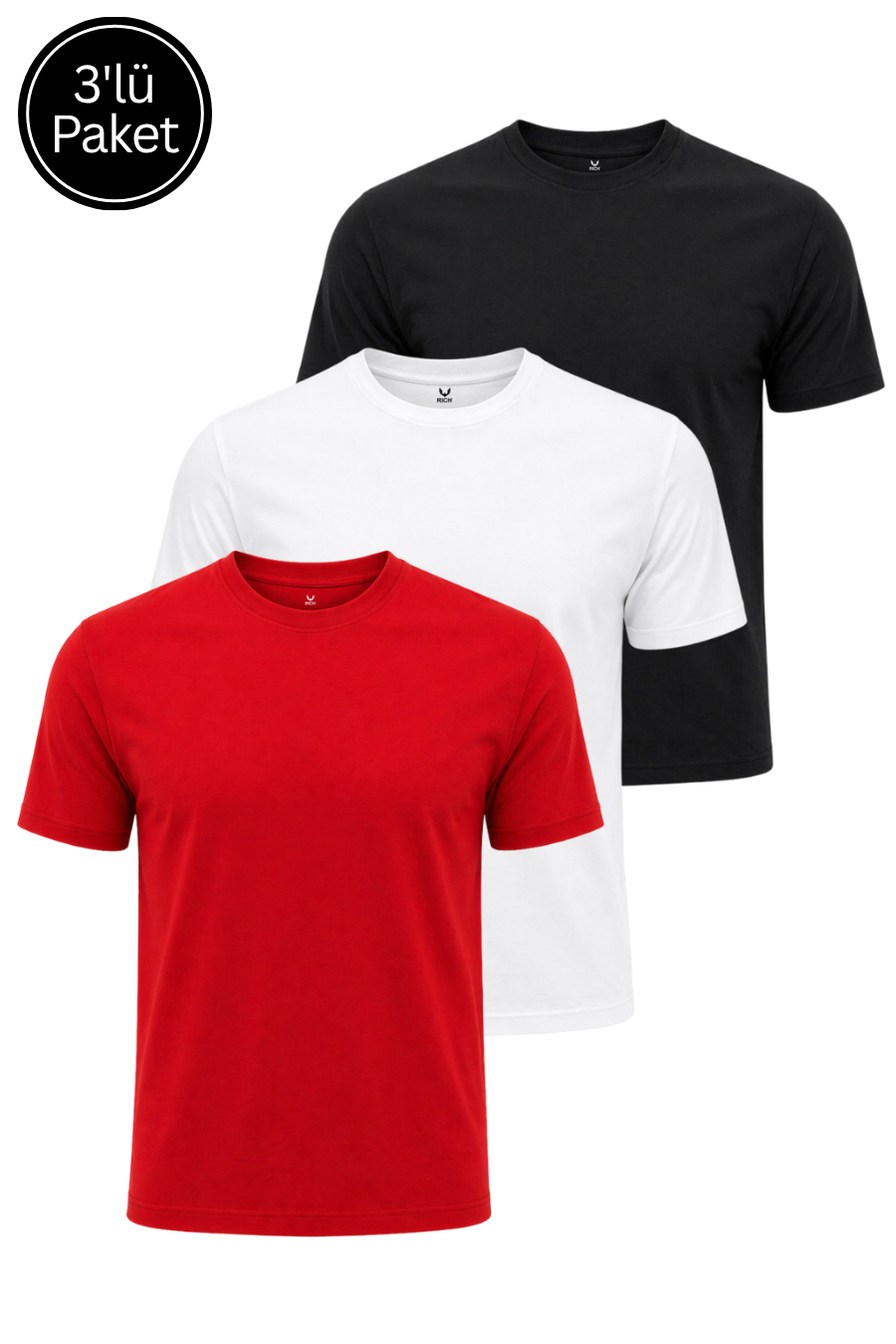 Erkek 3'Lü Siyah-Beyaz-Kırmızı Paket %100 Pamuk Slim Fit Sporcu Tişört Basic Bisiklet Yaka Kısa Kollu T-Shirt