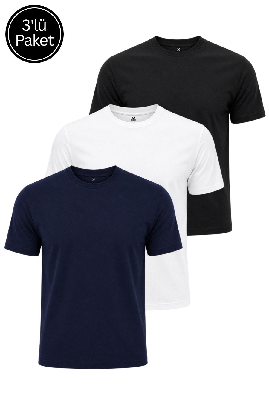 Erkek 3'Lü Siyah-Beyaz-Lacivert Paket %100 Pamuk Slim Fit Sporcu Tişört Basic Bisiklet Yaka Kısa Kollu T-Shirt
