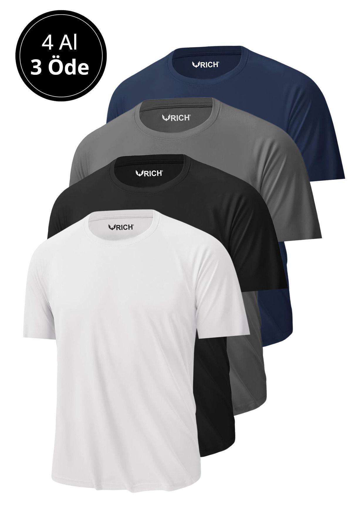 Erkek 4Lü Paket %100 Pamuk Slim Fit Sporcu Tişört Basic Bisiklet Yaka Kısa Kollu T-Shirt