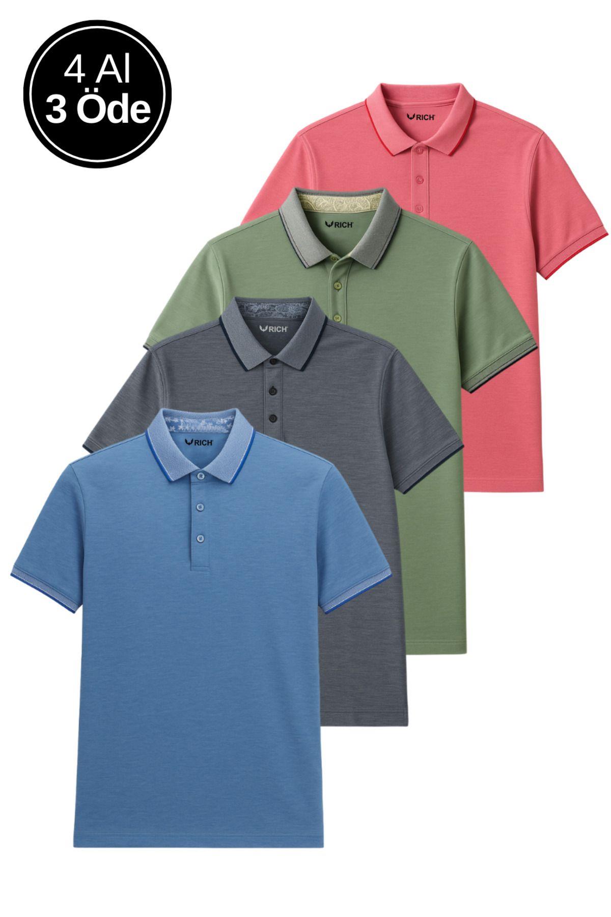 Erkek 4'lü Paket Cepsiz Polo Yaka T-shirt Dar Kesim Nefes Alan Kumaş Kıvrılmaz Yaka Tişört