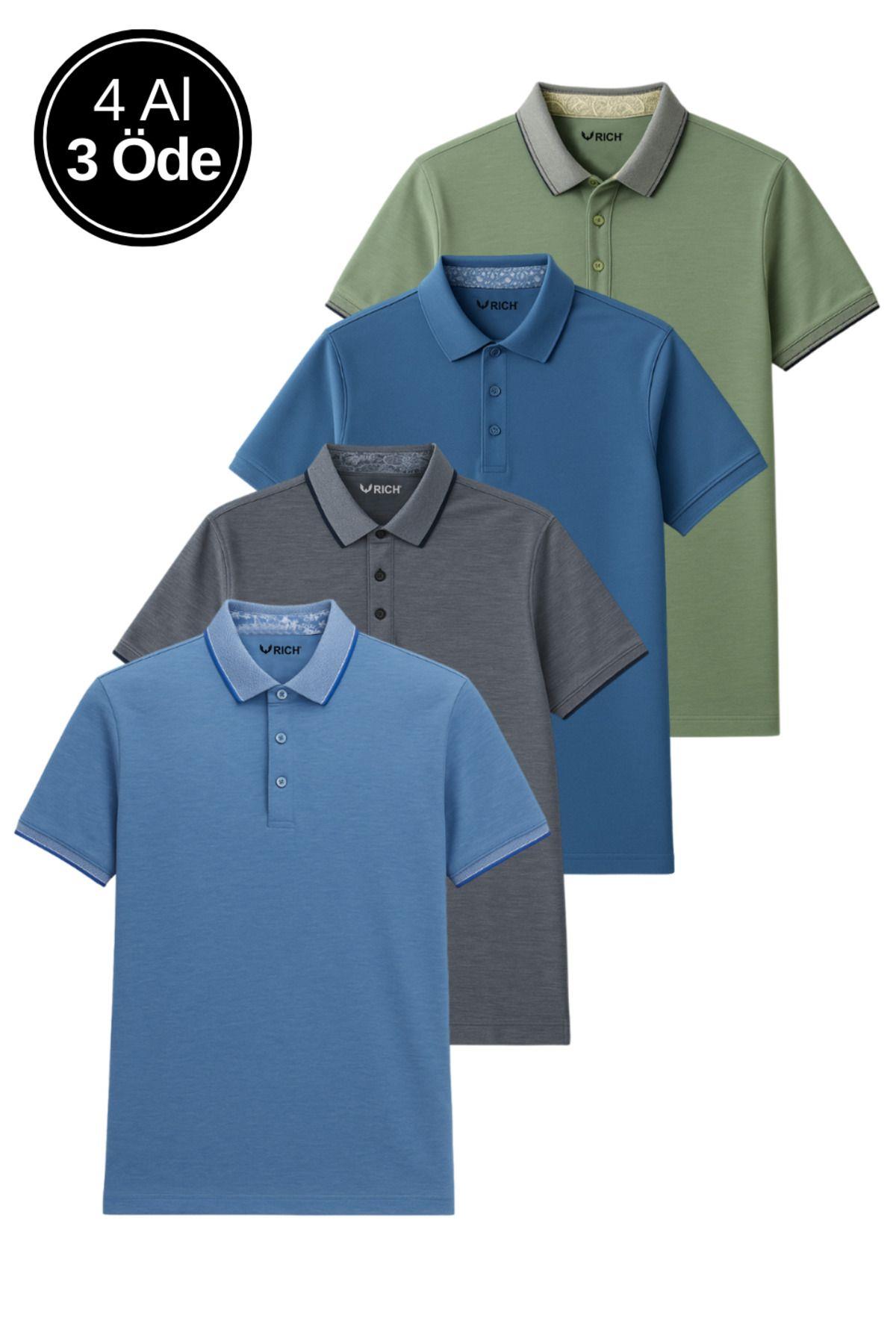 Erkek 4'lü Paket Cepsiz Polo Yaka T-shirt Dar Kesim Nefes Alan Kumaş Kıvrılmaz Yaka Tişört