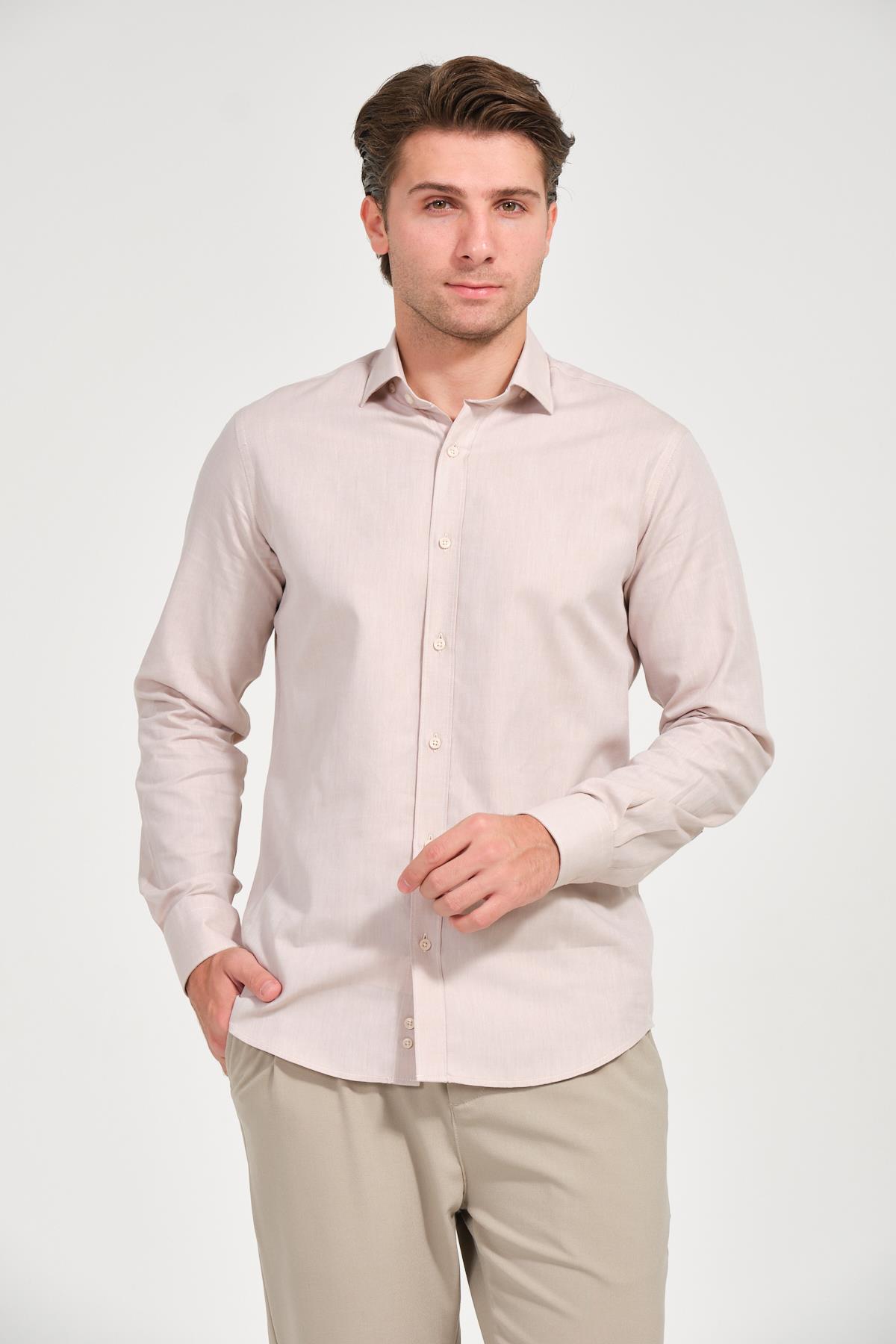 Erkek Açık Kahve Comfort Fit Uzun Kollu Gömlek