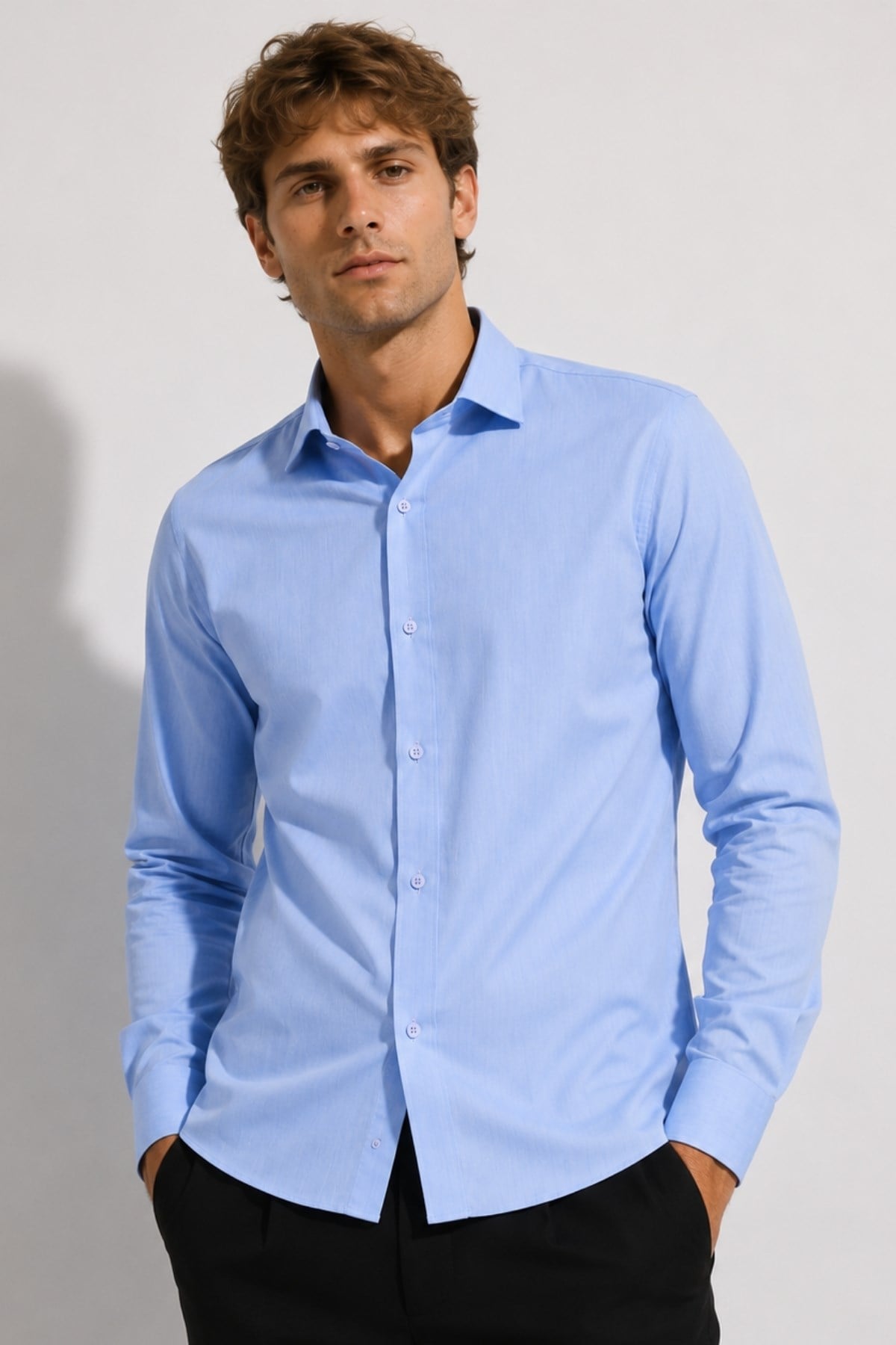 Erkek Açık Mavi Comfort Fit Uzun Kollu Gömlek