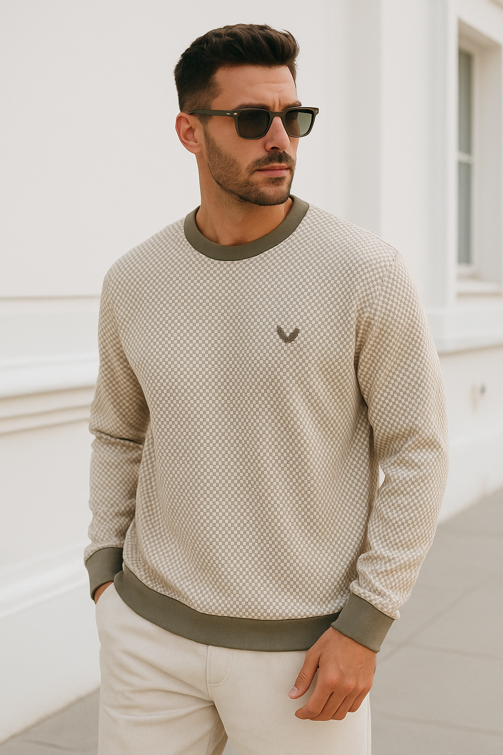 Erkek Bej Kare Desenli Bisiklet Yaka Sweatshirt