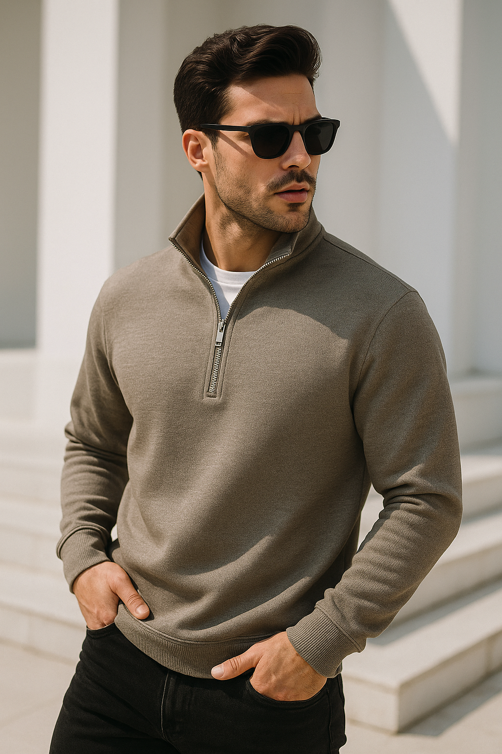 Erkek Bej Yarım Fermuarlı Sweatshirt