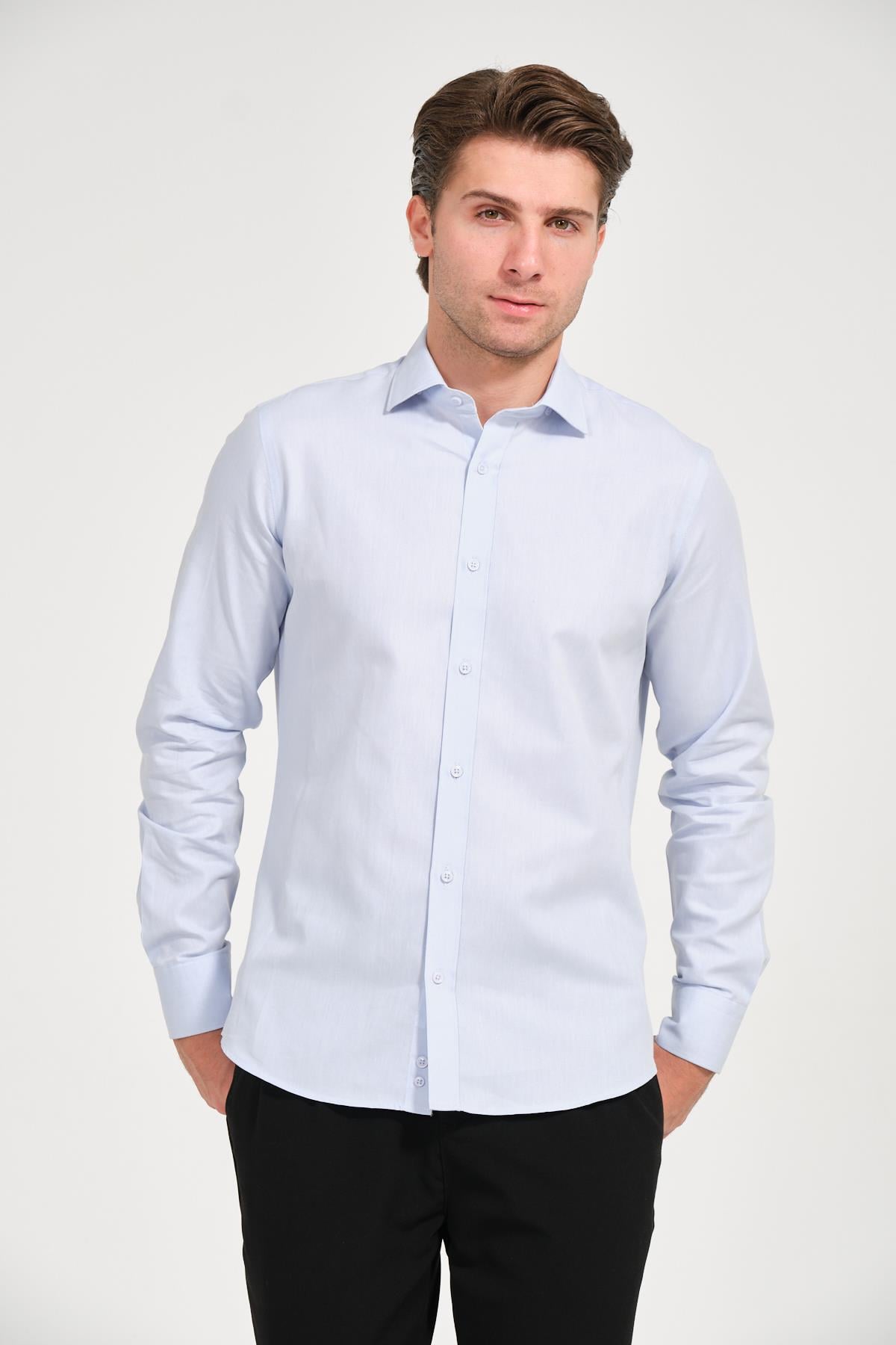 Erkek Buz Mavi Comfort Fit Uzun Kollu Gömlek