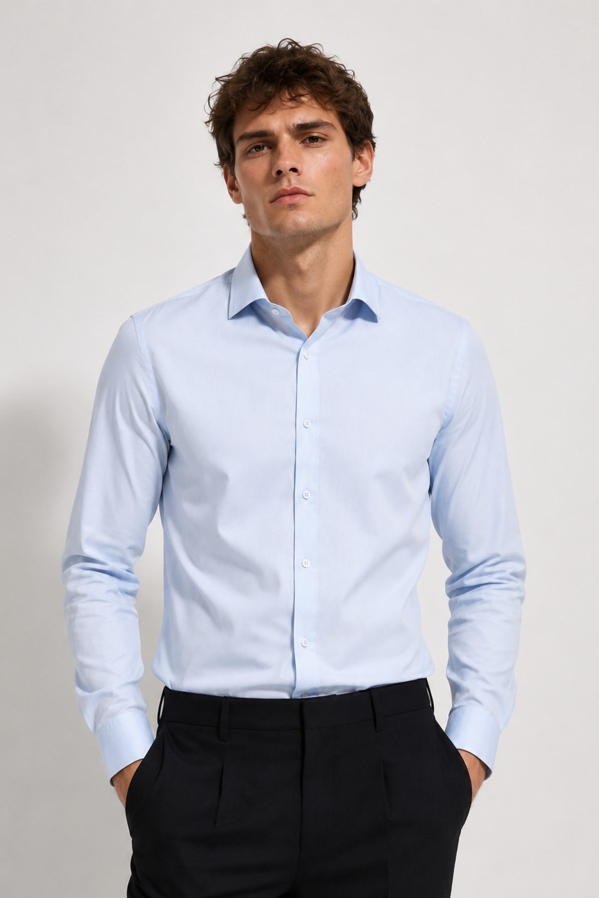Erkek Buz Mavi Comfort Fit Uzun Kollu Gömlek