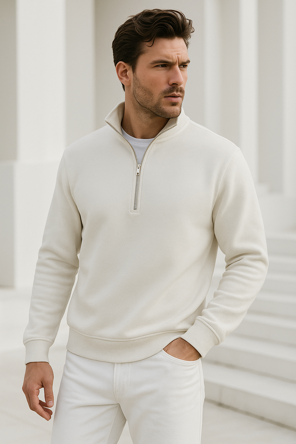 Erkek Ekru Yarım Fermuarlı Sweatshirt