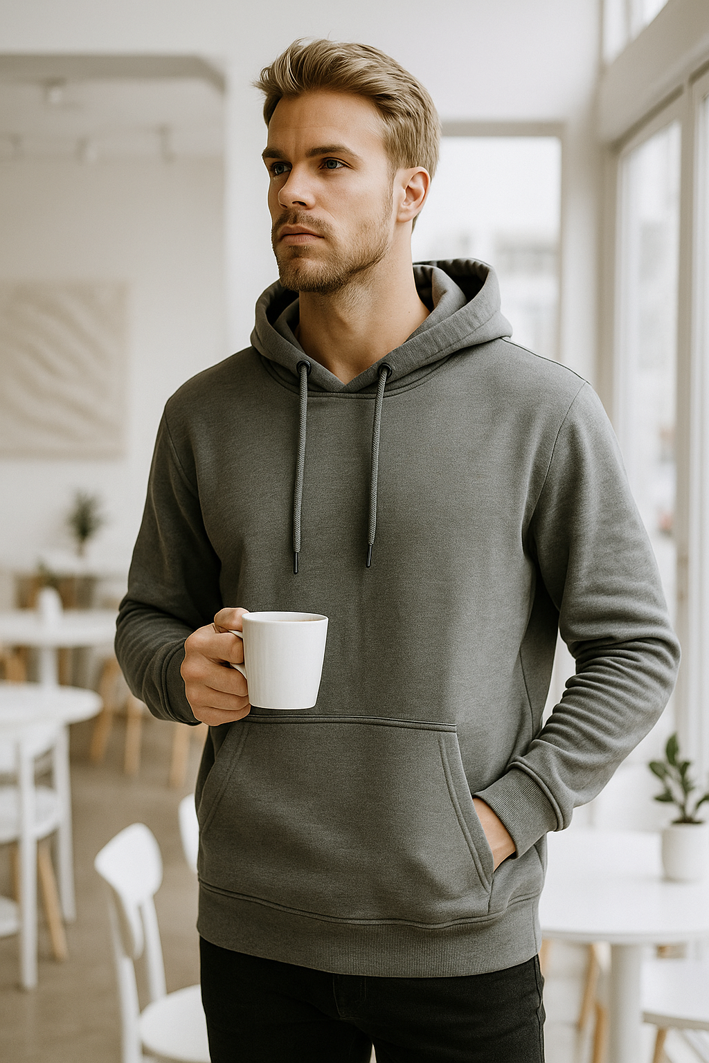 Erkek Füme Pamuklu Cep Detaylı Kapüşonlu Sweatshirt