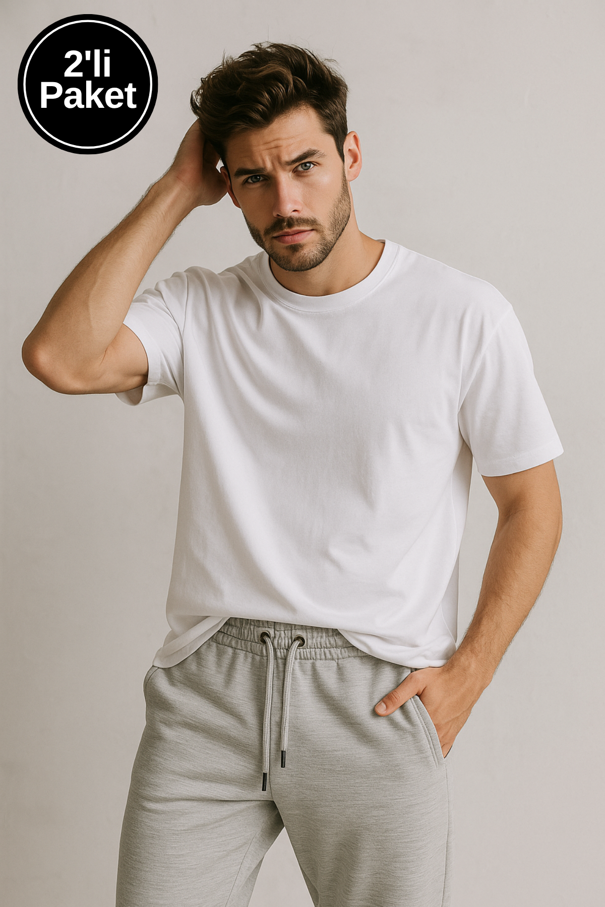 Erkek Gri Rahat Kesim Paçası Lastikli Eşofman Altı - Beyaz Basic T-Shirt Paketi