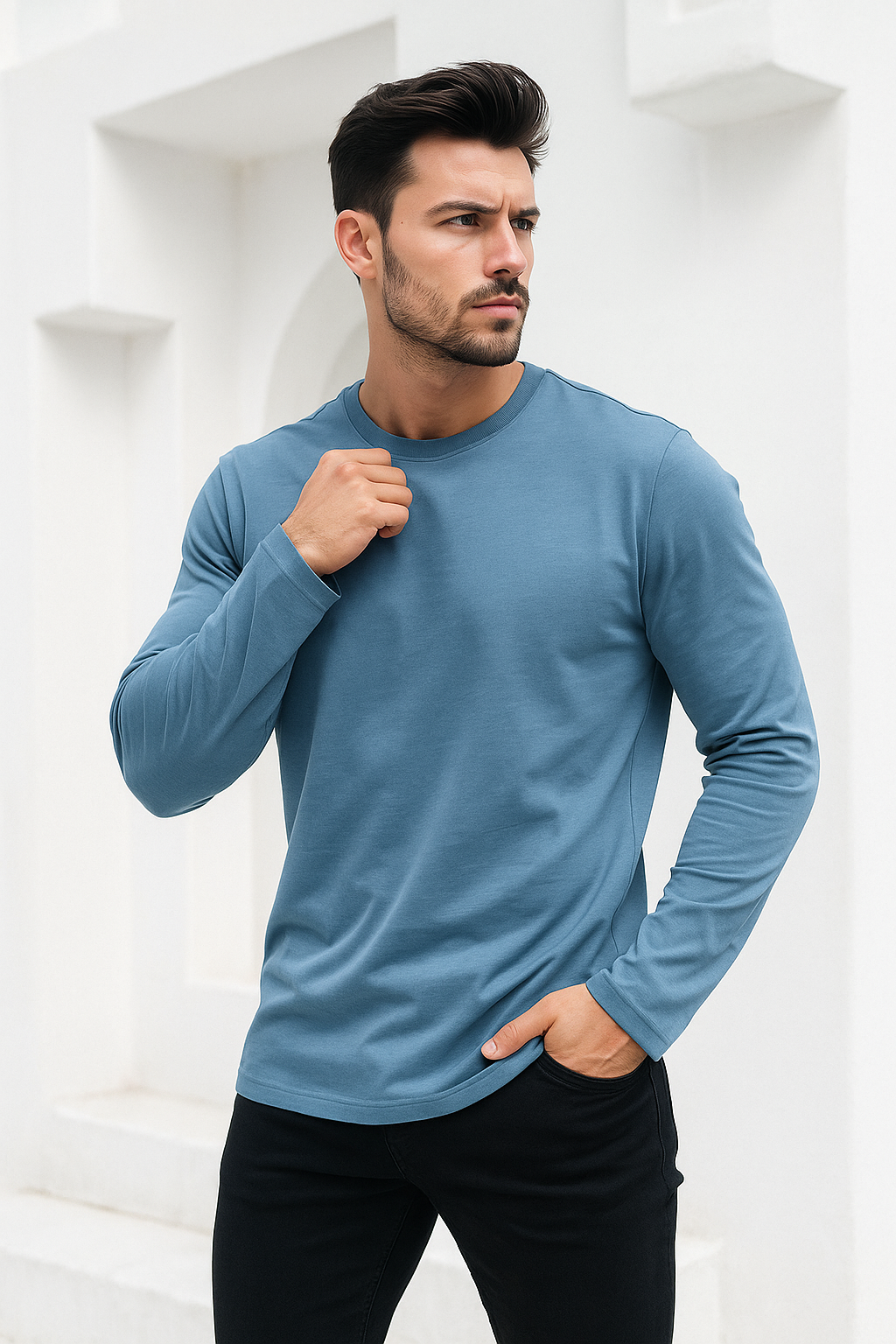 Erkek İndigo Basic Uzun Kollu Sporcu Body