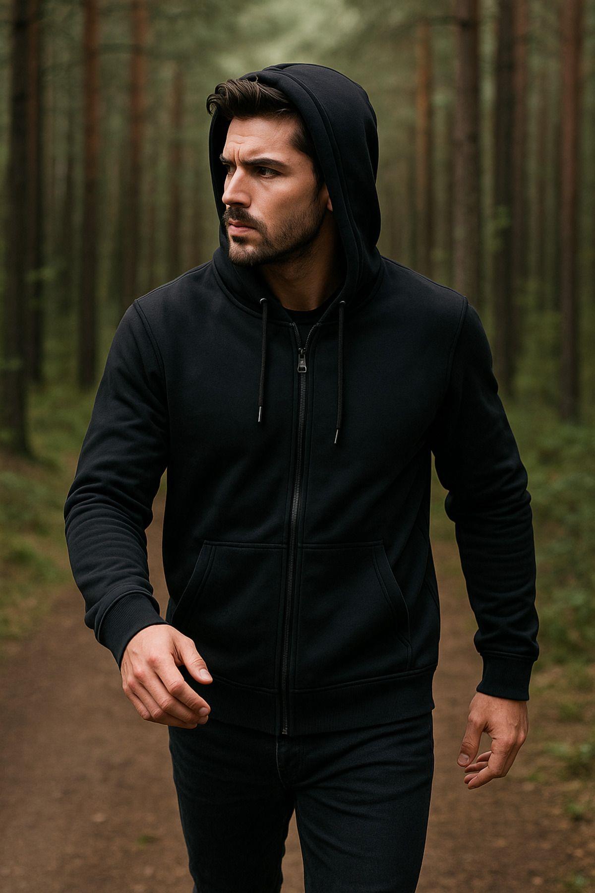 Erkek Kapüşonlu Pamuklu Sweatshirt Hırka Fermuarlı Rahat Kalıp Basic Hırka