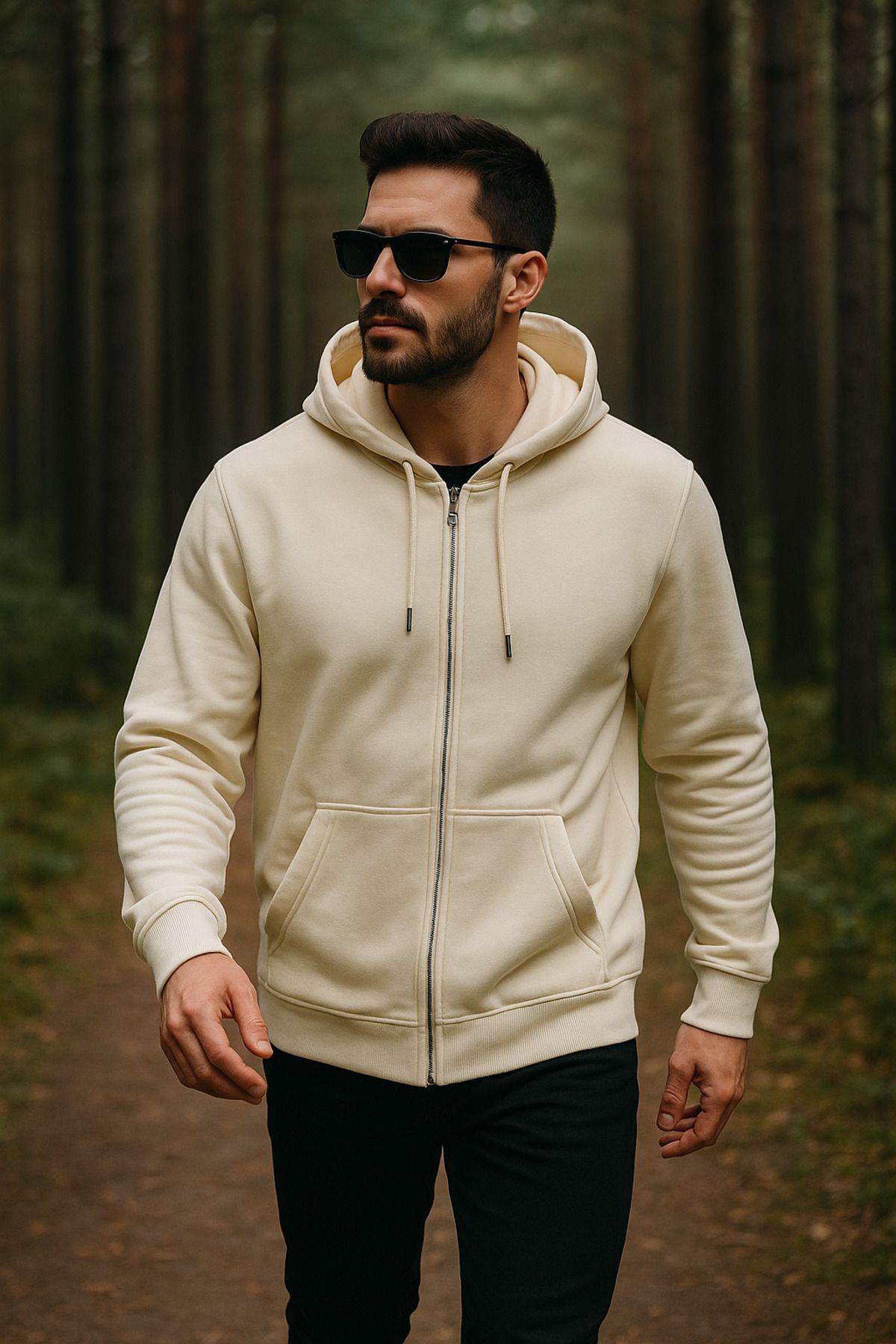 Erkek Kapüşonlu Pamuklu Sweatshirt Hırka Fermuarlı Rahat Kalıp Basic Hırka