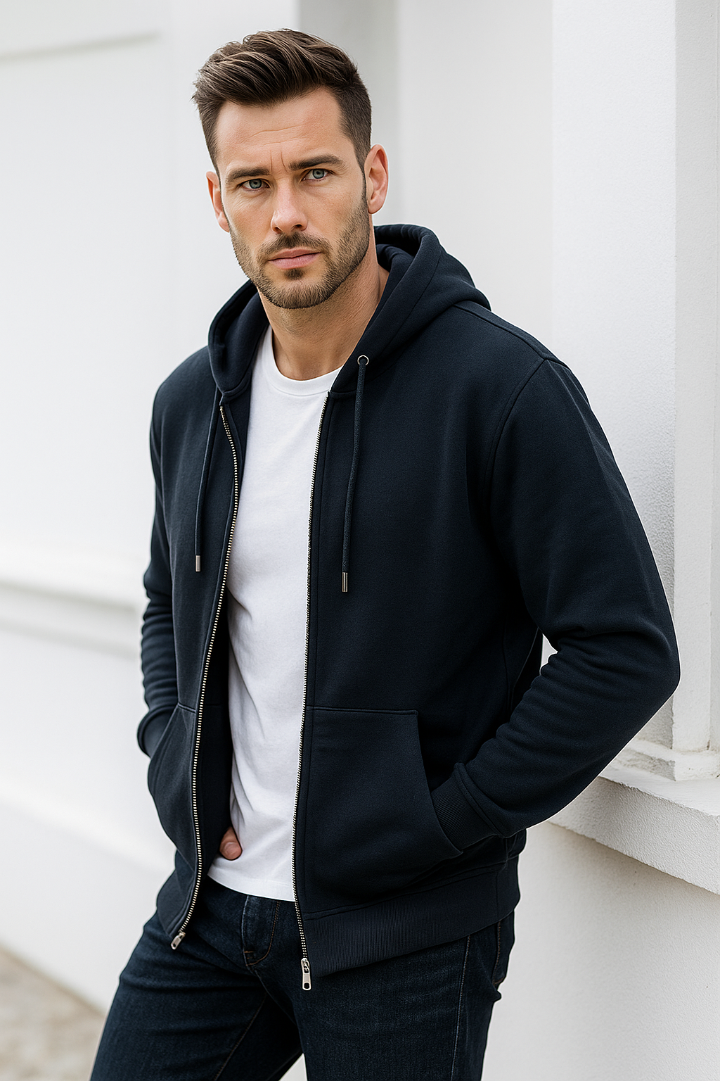 Erkek Lacivert Kapüşonlu Kanguru Cepli Fermuarlı Sweatshirt