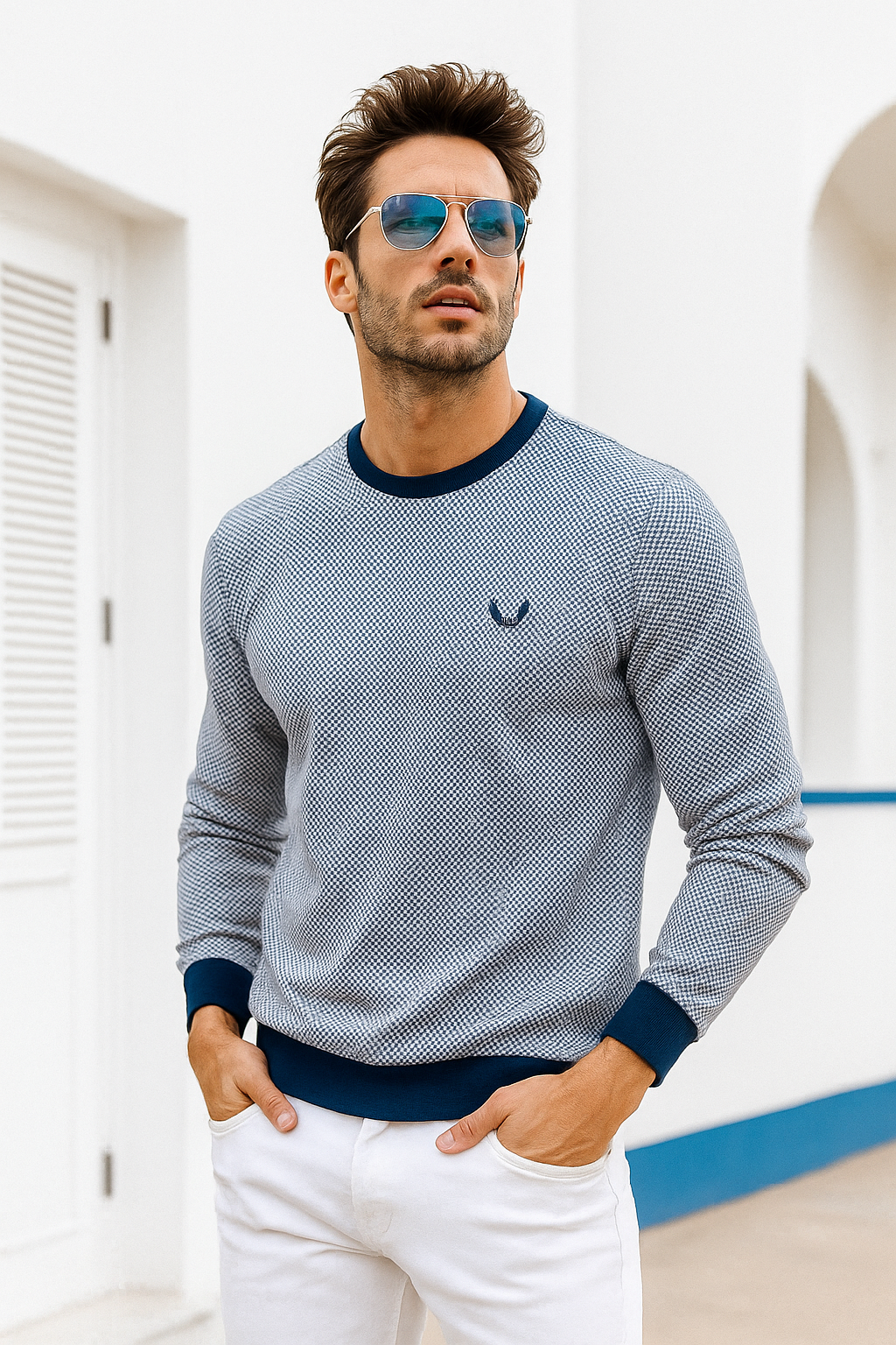 Erkek Lacivert Kare Desenli Bisiklet Yaka Sweatshirt