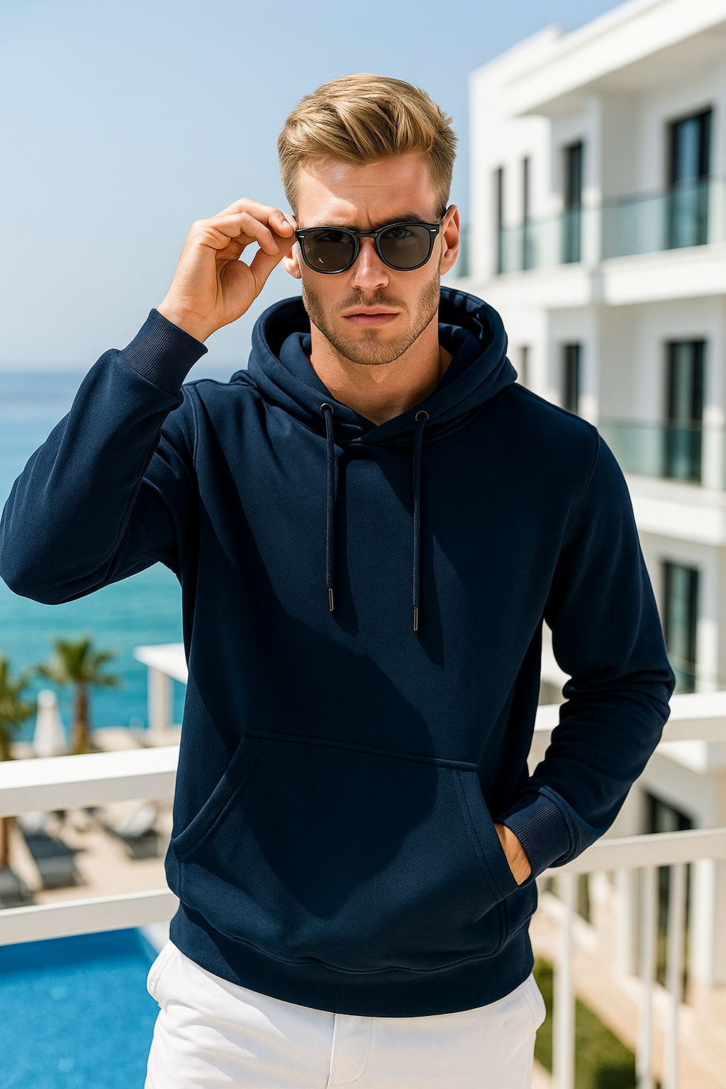 Erkek Lacivert Pamuklu Cep Detaylı Kapüşonlu Sweatshirt