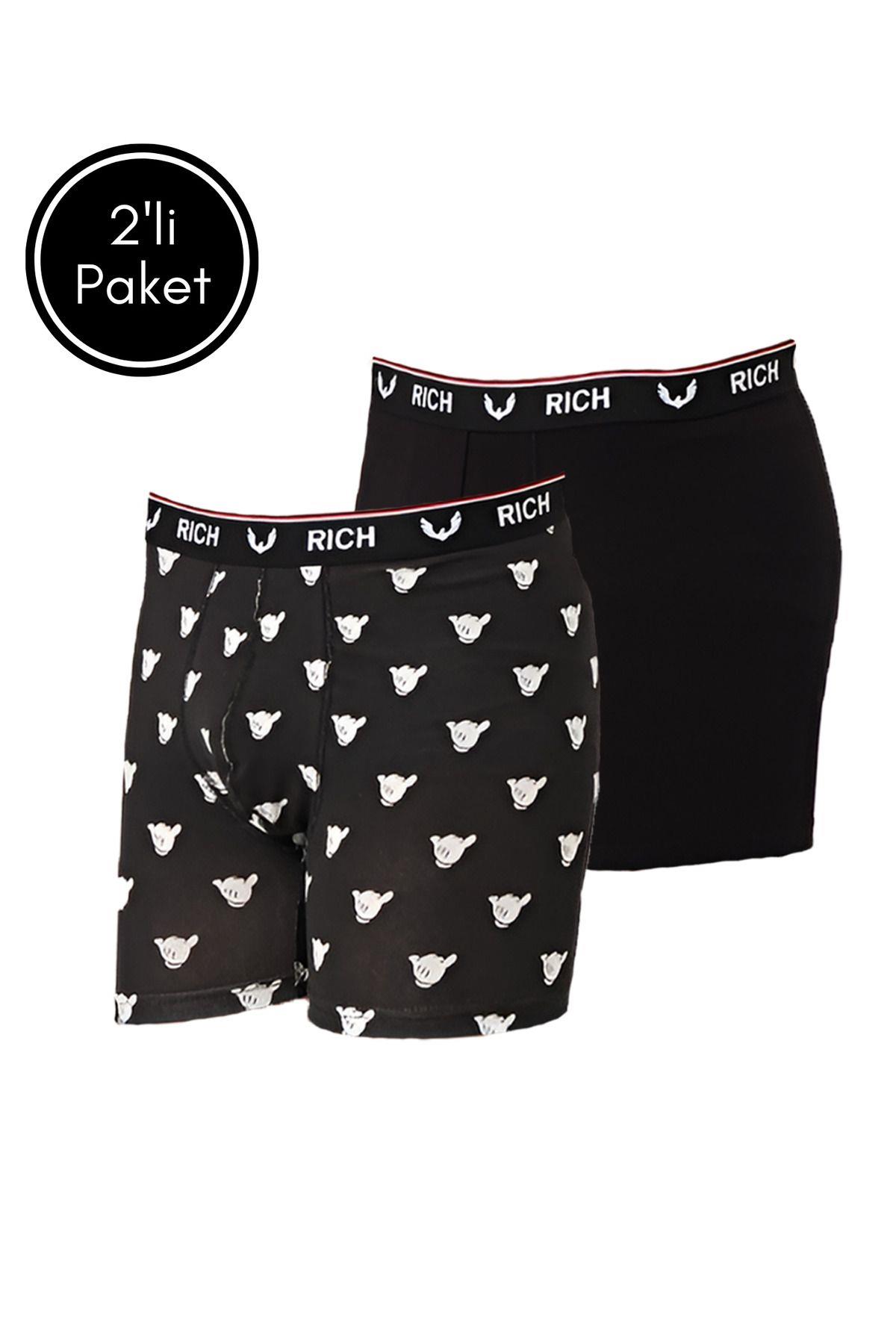 Erkek Likralı Desenli ve Düz 2'li Boxer Paketi