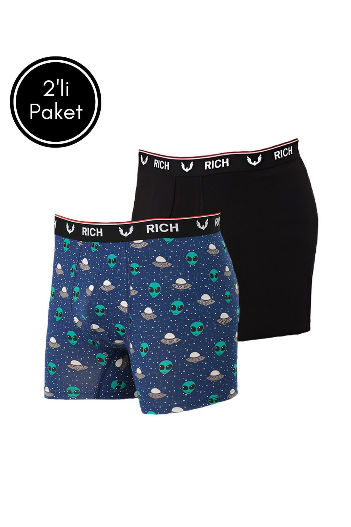 Erkek Likralı Desenli ve Düz 2'li Boxer Paketi