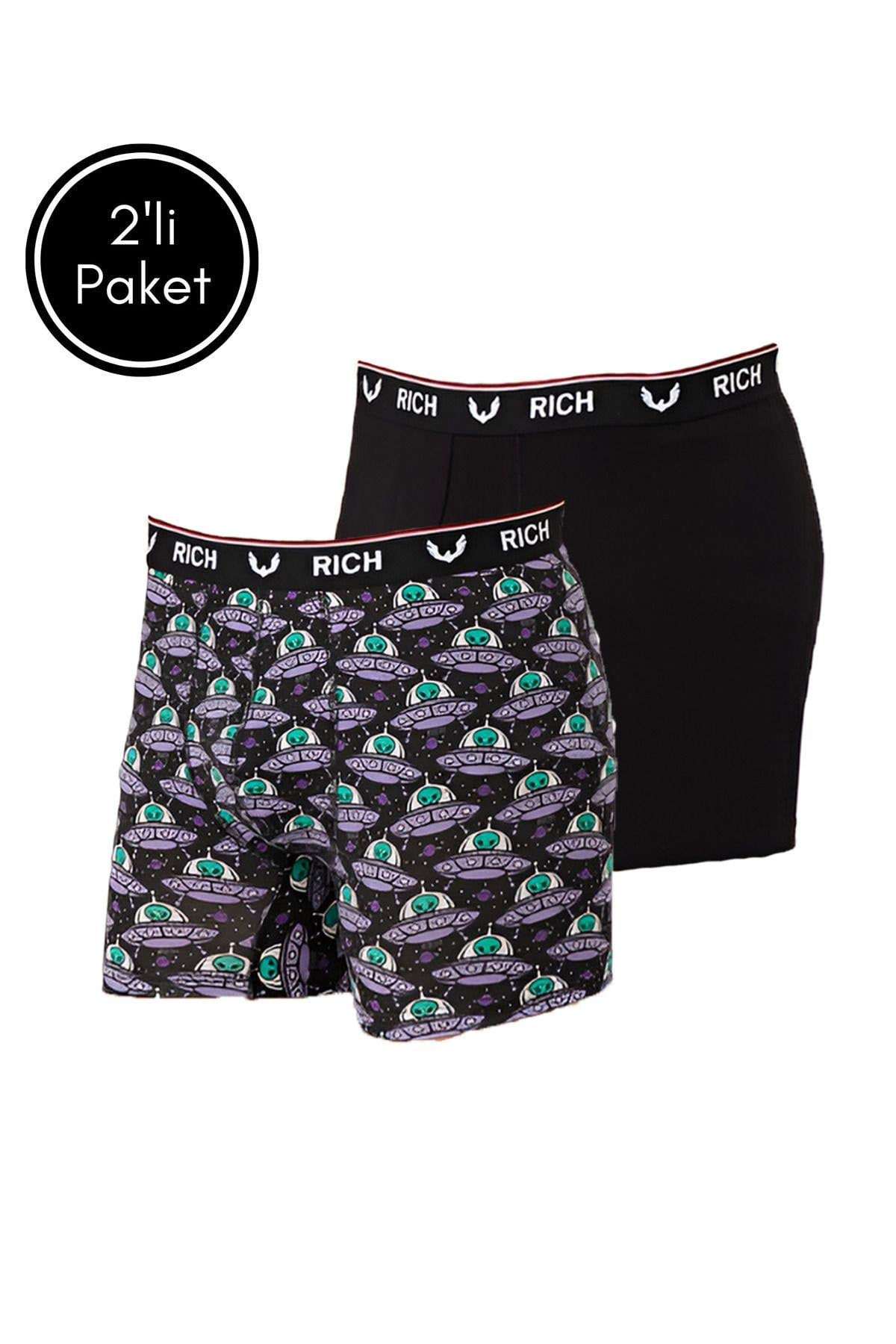 Erkek Likralı Desenli ve Düz 2'li Boxer Paketi
