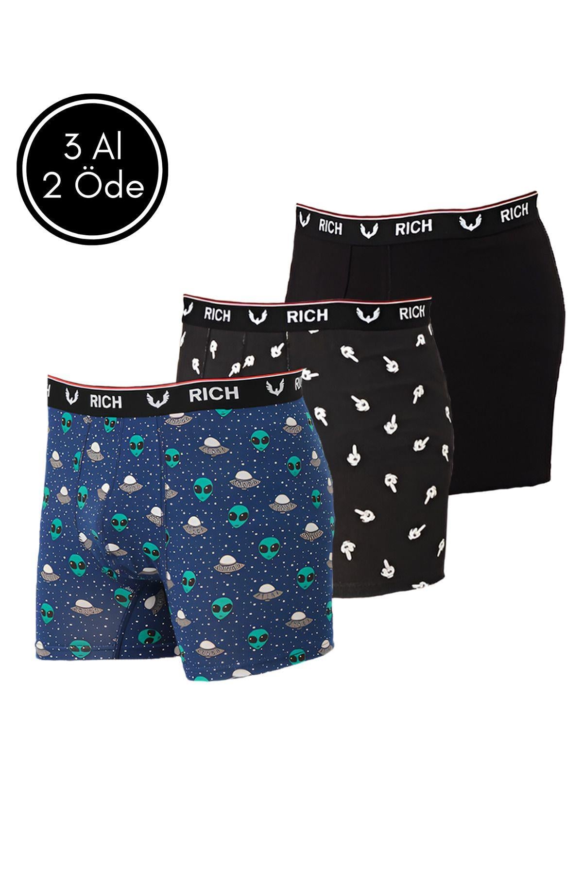 Erkek Likralı Desenli ve Düz 3'lü Boxer Paketi
