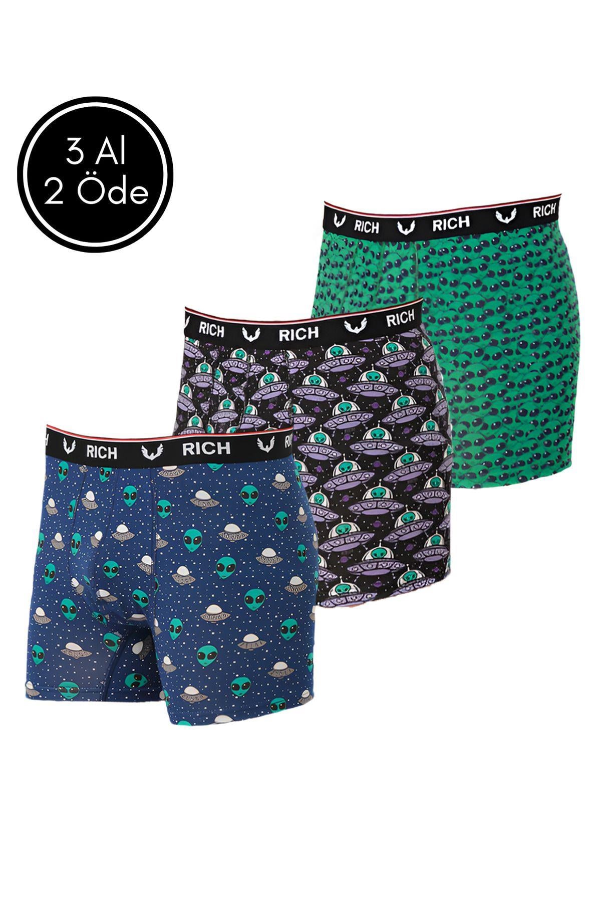 Erkek Likralı Desenli ve Düz 3'lü Boxer Paketi