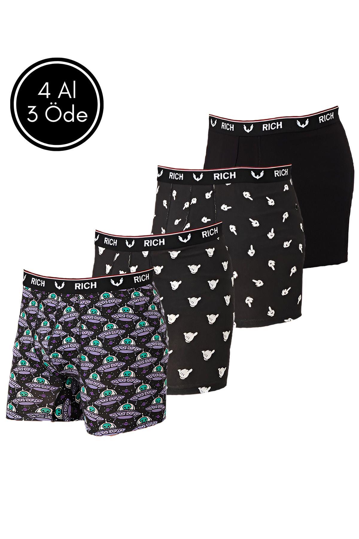 Erkek Likralı Desenli ve Düz 4'lü Boxer Paketi