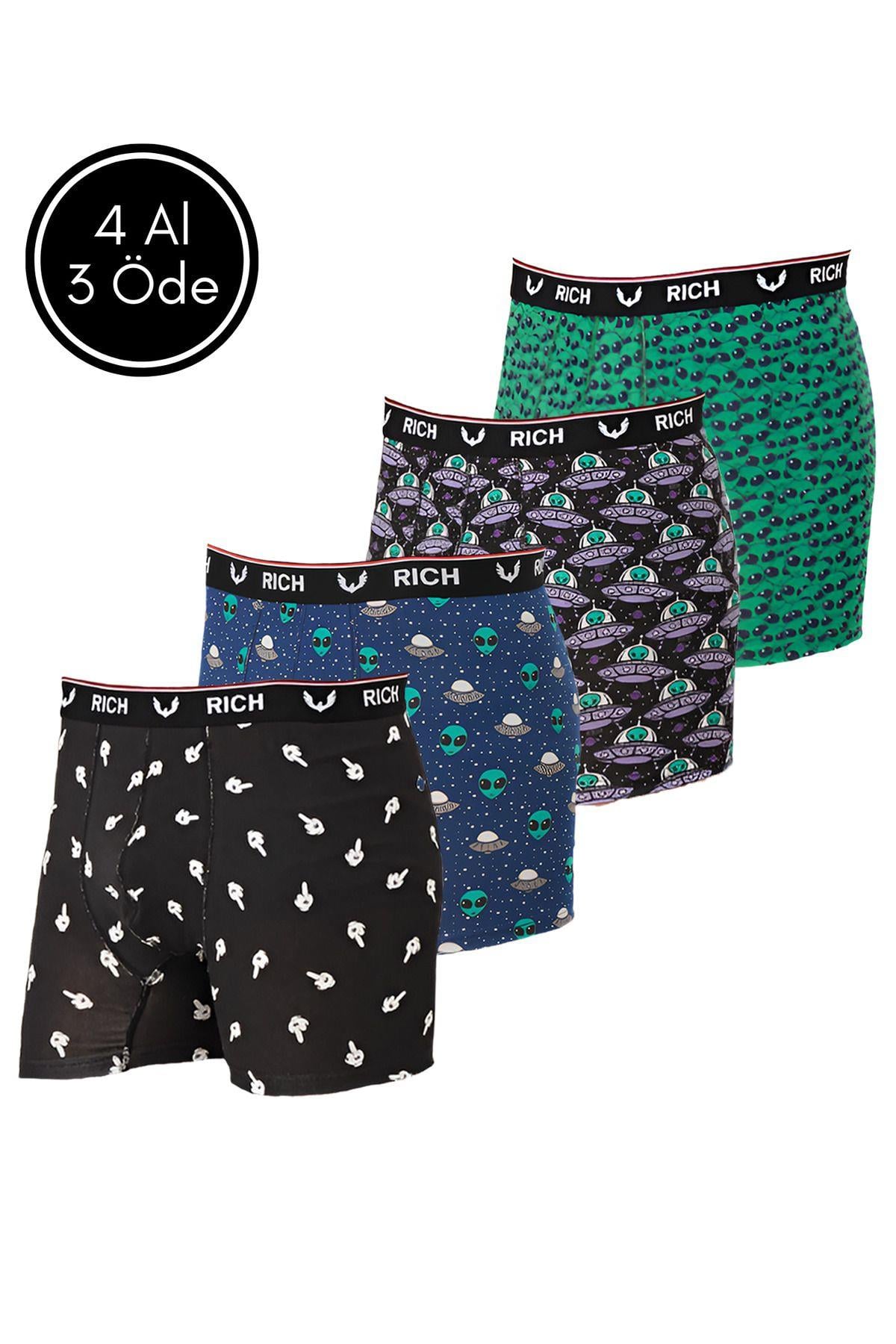 Erkek Likralı Desenli ve Düz 4'lü Boxer Paketi