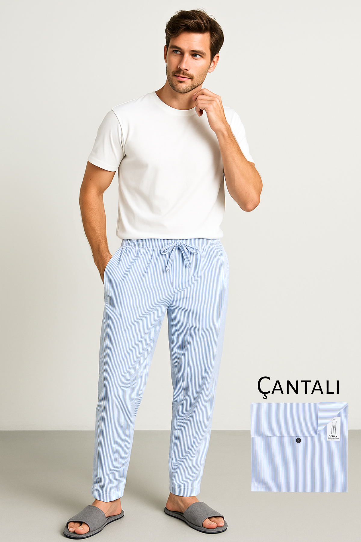 Erkek Mavi Çizgili %100 Pamuk Çantalı Pijama Takımı