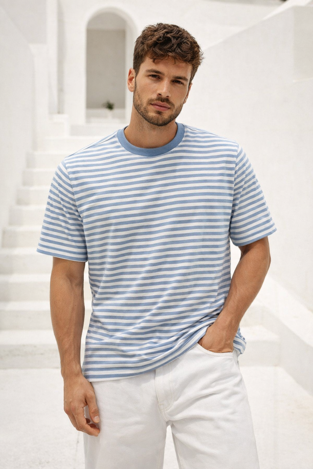 Erkek Mavi Çizgili Yumuşak Dokulu Pamuklu Basic T-Shirt