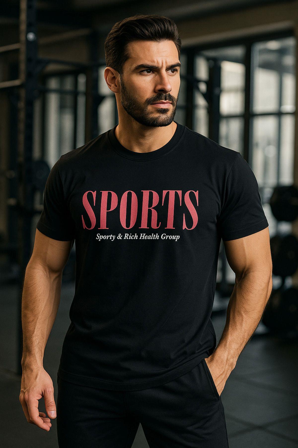 Erkek Siyah Basic T-shirt Baskılı Slim Fit %100 Pamuk Tişört
