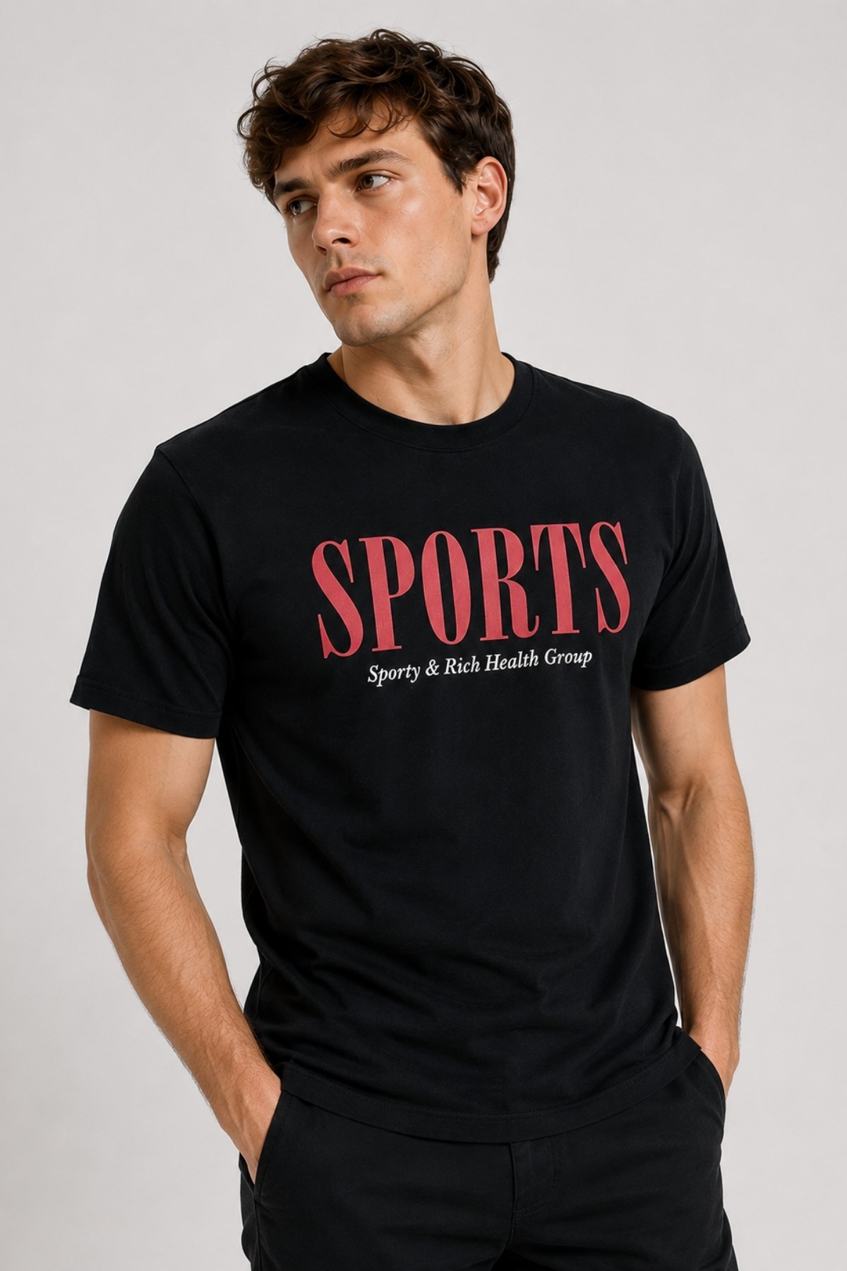 Erkek Siyah Basic T-shirt Baskılı Slim Fit %100 Pamuk Tişört