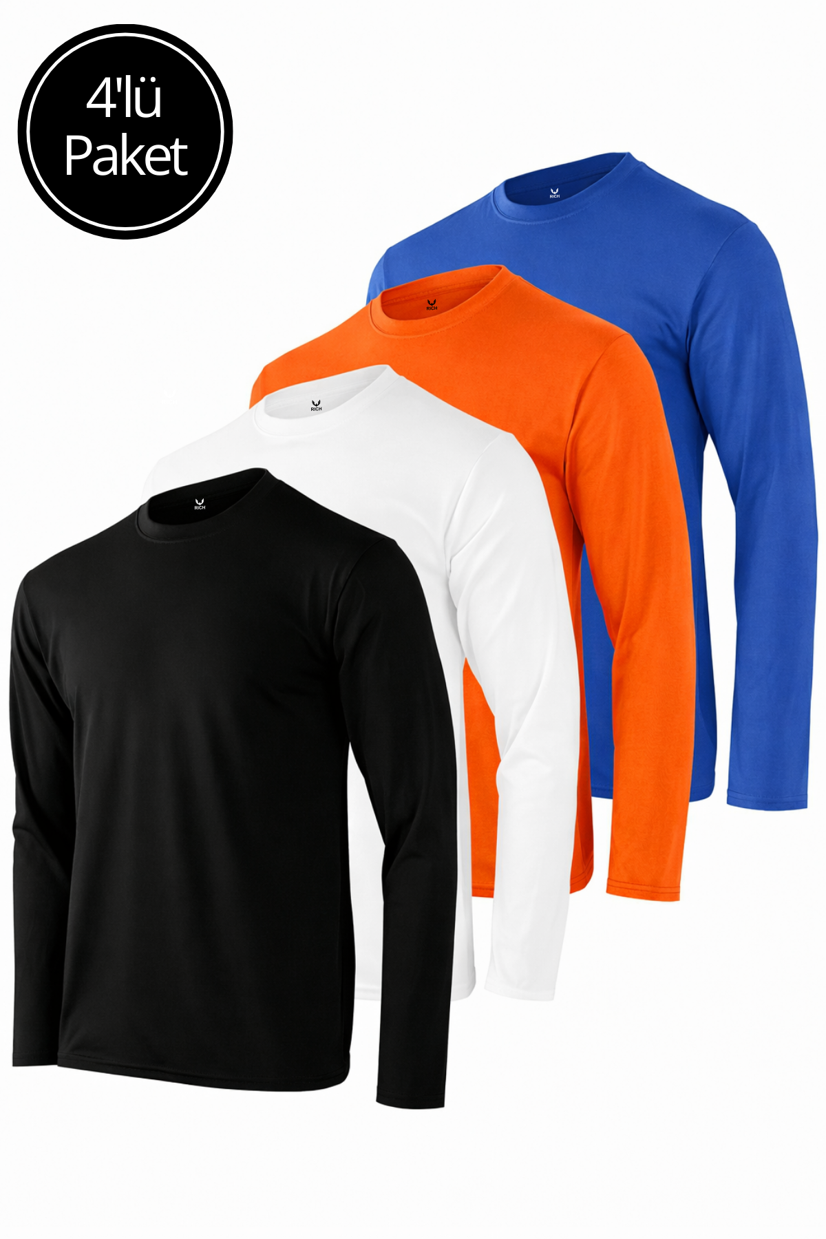 Erkek Siyah-Beyaz-Turuncu-Mavi 4'lü Paket Basic Uzun Kollu Sporcu Body