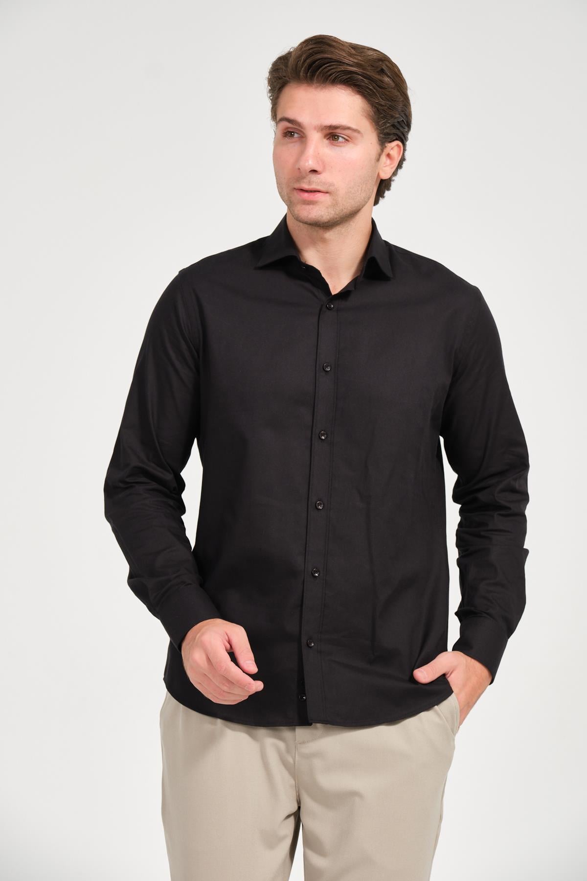 Erkek Siyah Comfort Fit Uzun Kollu Gömlek