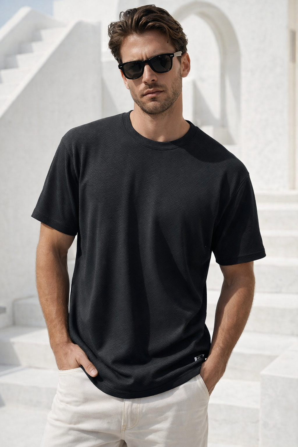 Erkek Siyah Jakarlı İnterlock Kumaş Basic T-shirt