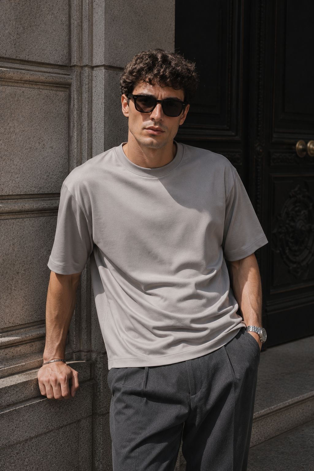Erkek Taş Rengi Merserize İnterlok Kumaş Oversize T-Shirt