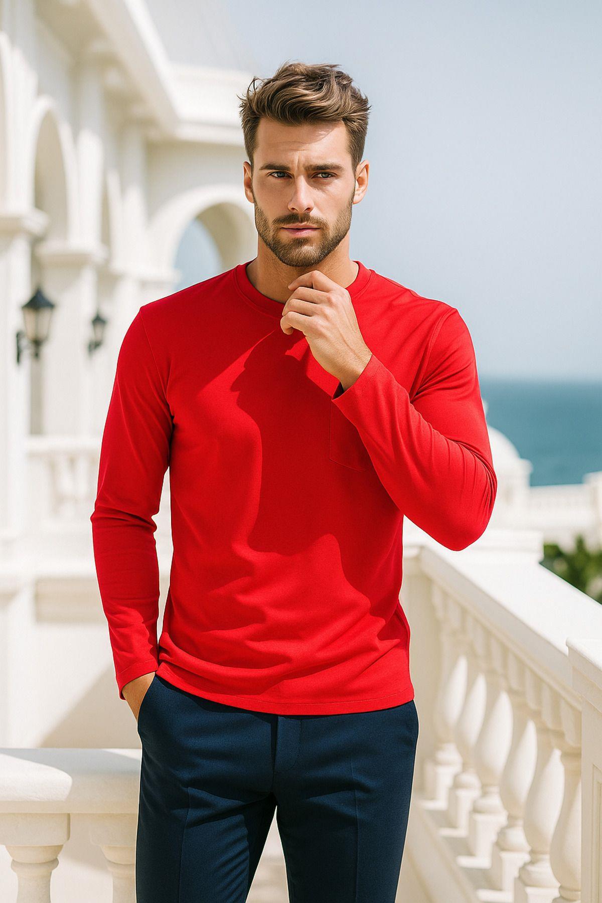 Erkek Uzun Kollu Bisiklet Yaka Tişört - %100 Pamuk Basic Relaxed T-shirt