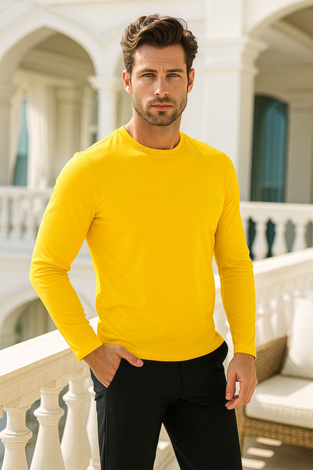 Erkek Uzun Kollu Bisiklet Yaka Tişört - %100 Pamuk Basic Relaxed T-shirt