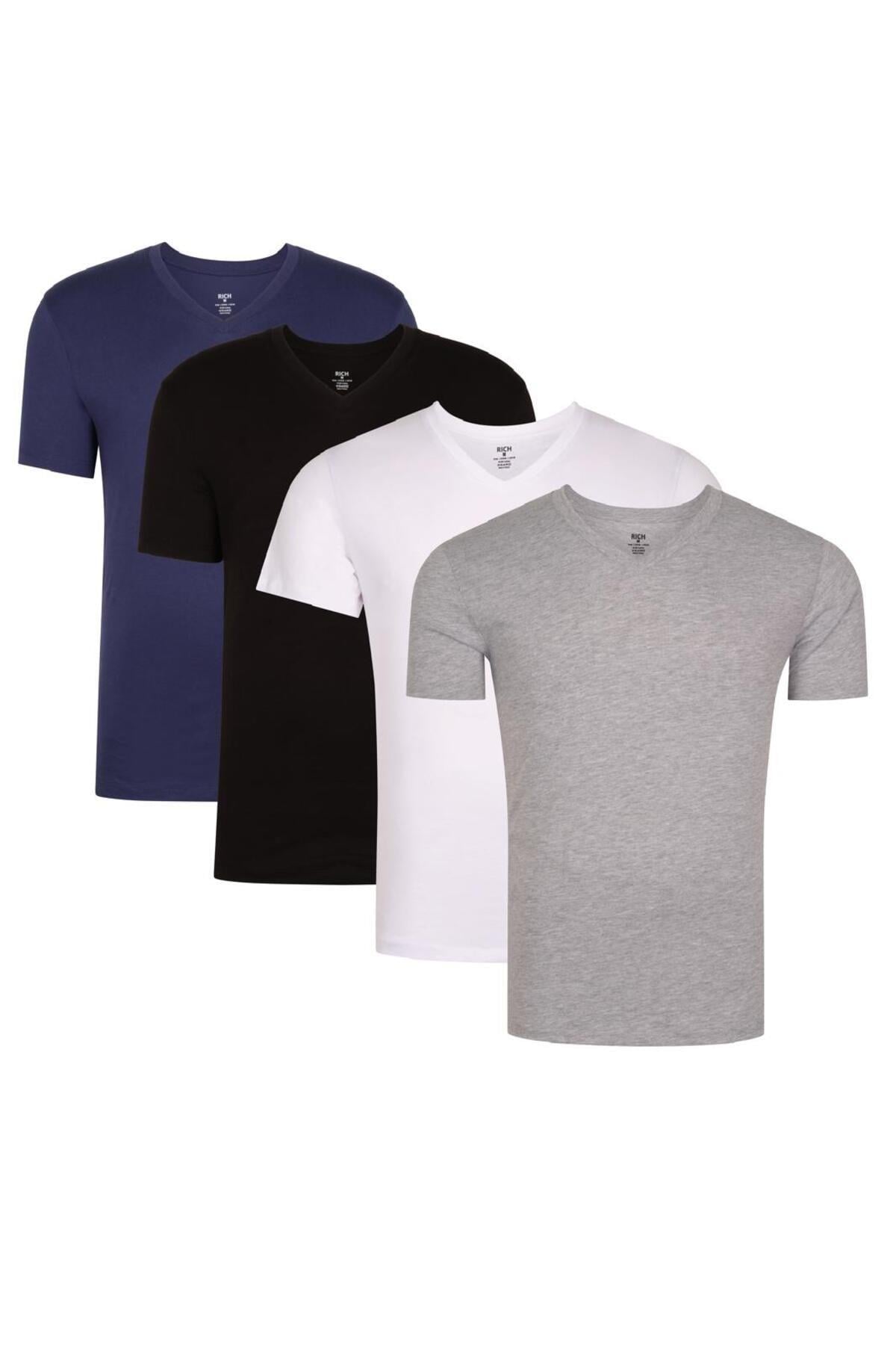 Erkek V Yaka 4lü Paket Basic Kısa Kollu T-Shirt