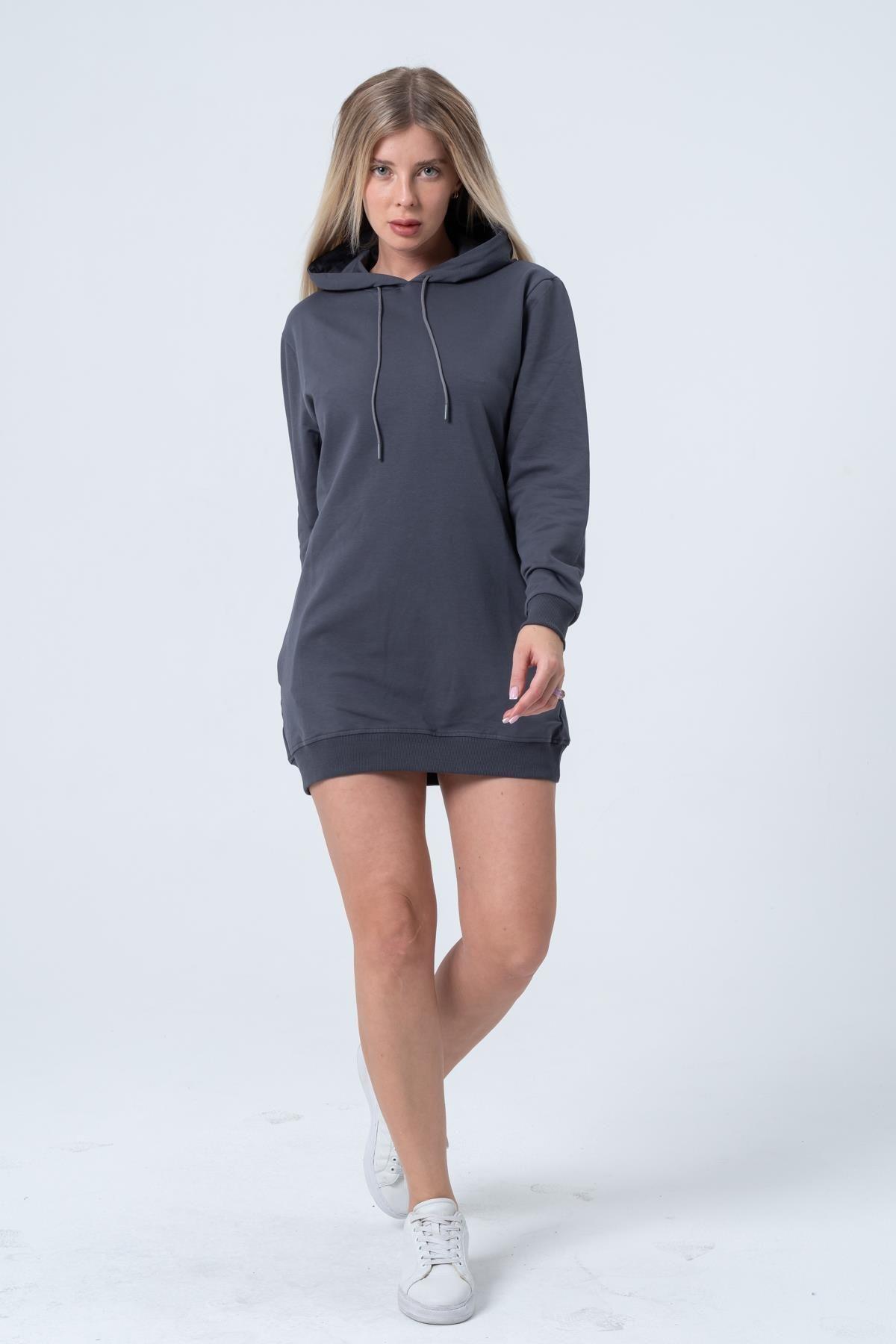 Füme Uzun Sweatshirt Elbise Tunik Uzun Kollu Yandan Cepli